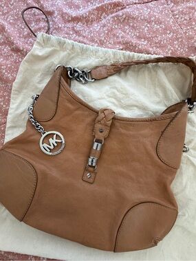 Michael Kors Cognac Leather Shoulder Bag with Silver MK Charm